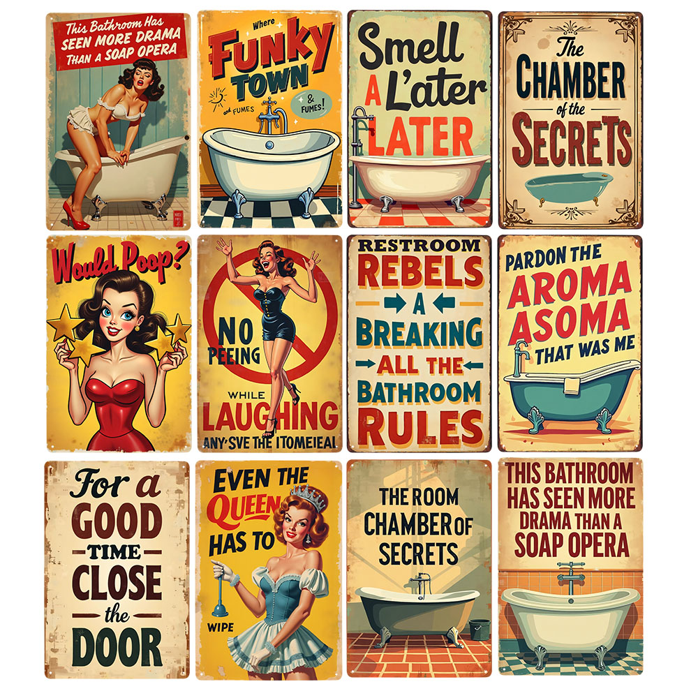 Home Bathroom Ideas - Komik Banyo Kuralları Vintage Metal Tabela