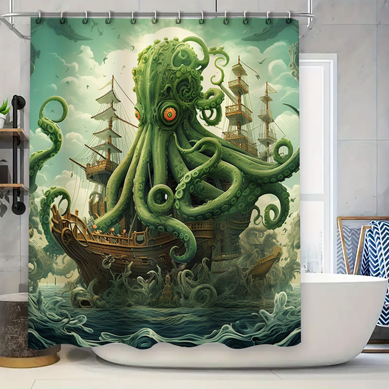 Home Bathroom Ideas - Ahtapot Gemi Duş Perdesi Gerçeküstü Deniz