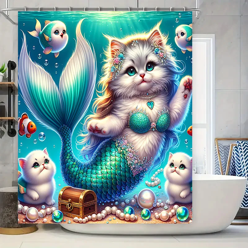 Home Bathroom Ideas - Duş Perdesi Denizkızı Kedi Balık Kuyruğu
