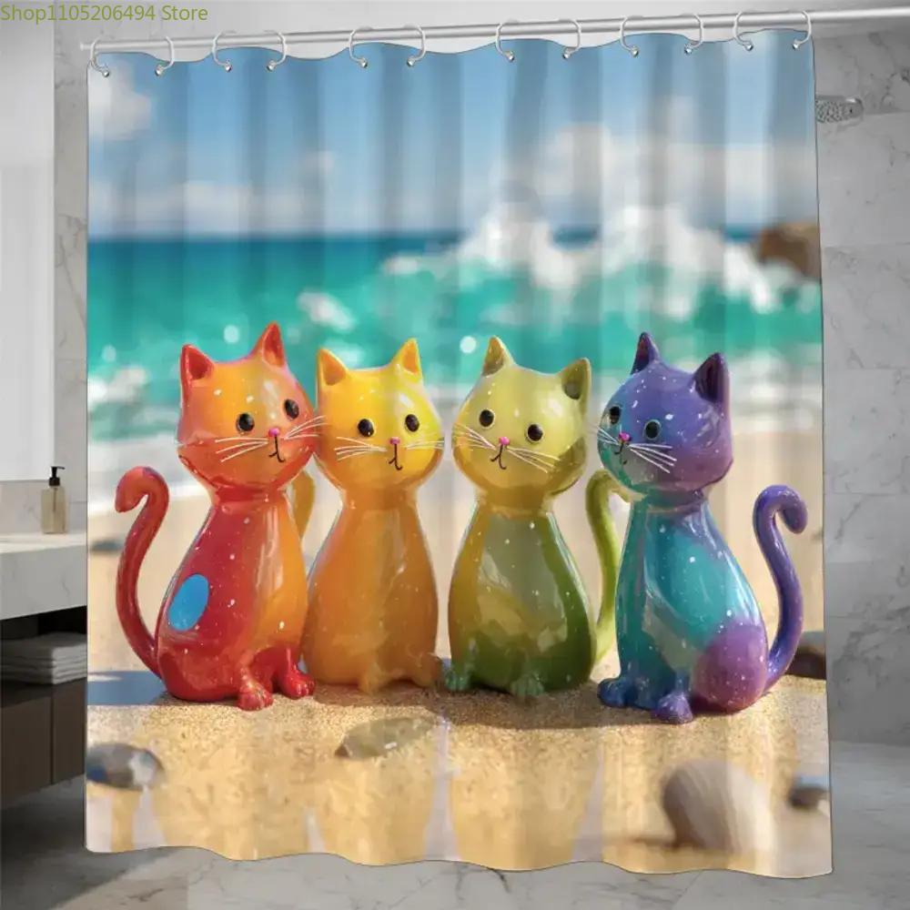Home Bathroom Ideas - Renkli Gökkuşağı Kediler Duş Perdesi Sevimli